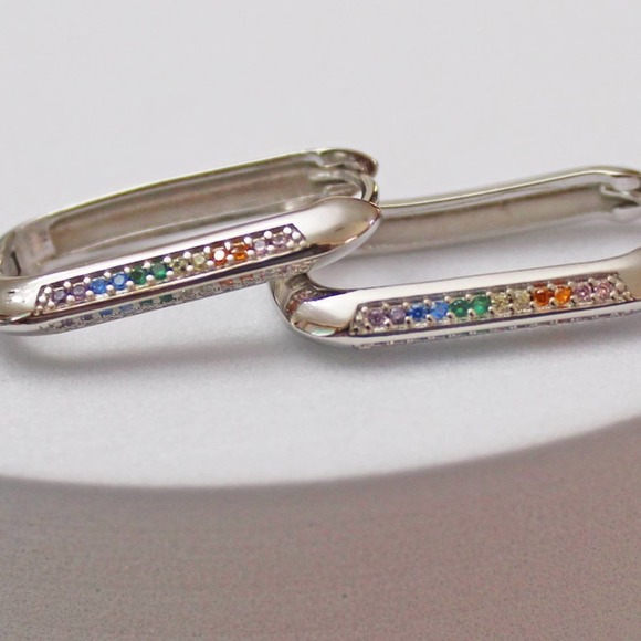 New Silver 925 Rectangle Earring with Very Small Multicolor Stones E30 - Picture 3 of 3